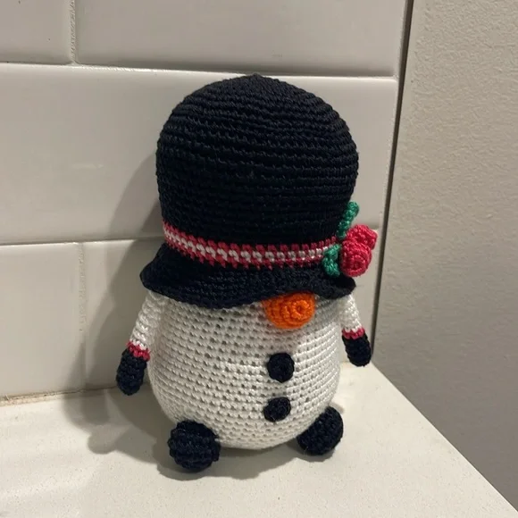 Handcrafted Snowman Gnome with Holly Winter Holiday Seasonal Christmas Crochet - Picture 4 of 10